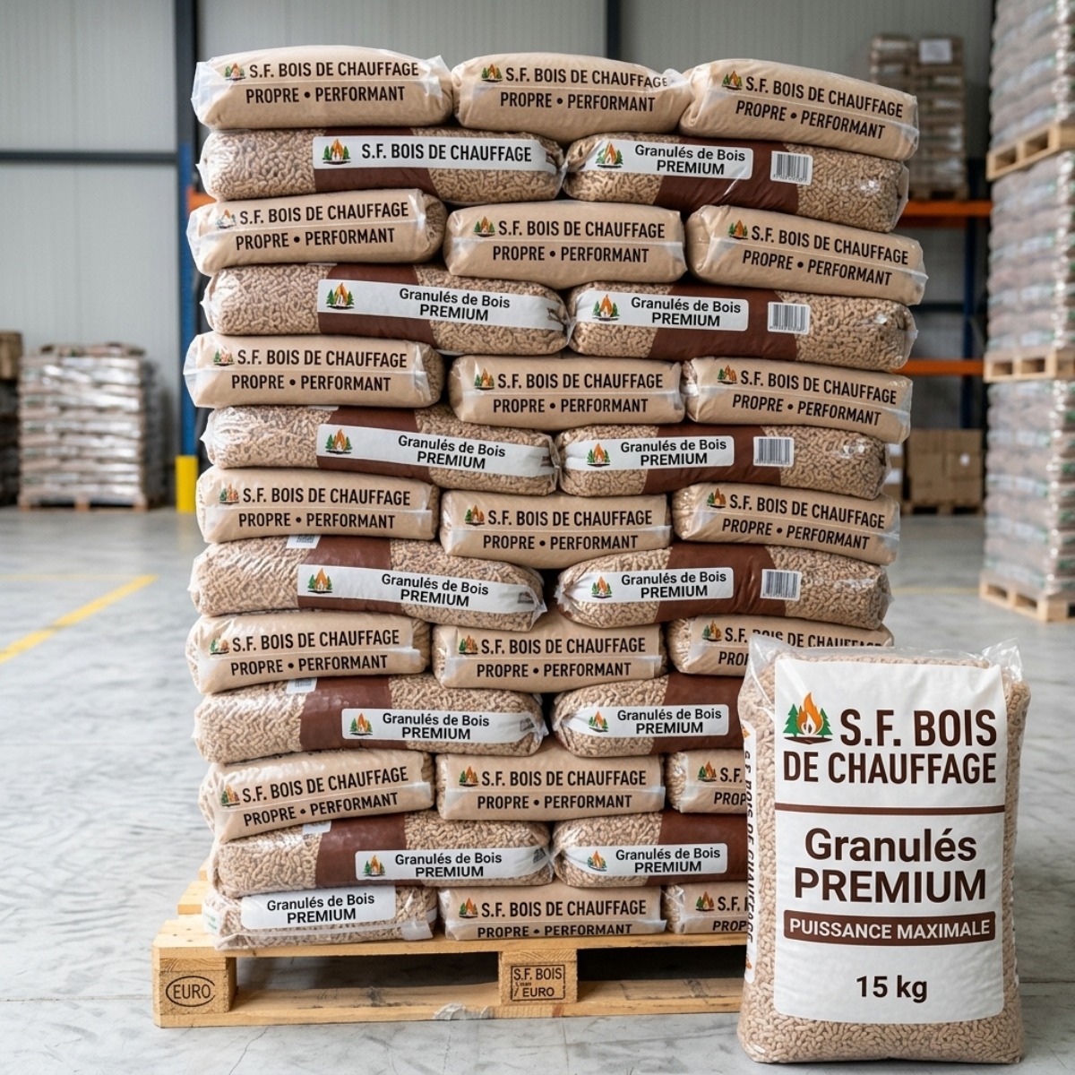 Palette de Granulés de Bois Premium 15 kg – 65 Sacs (975 kg)