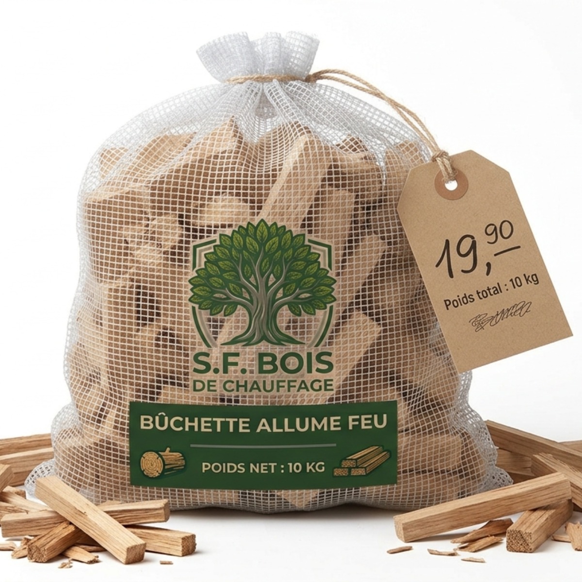 Bois d'Allumage Premium 10 kg en Filet – Bûchettes Secs en Chêne et Hêtre – S.F. BOIS DE CHAUFFAGE